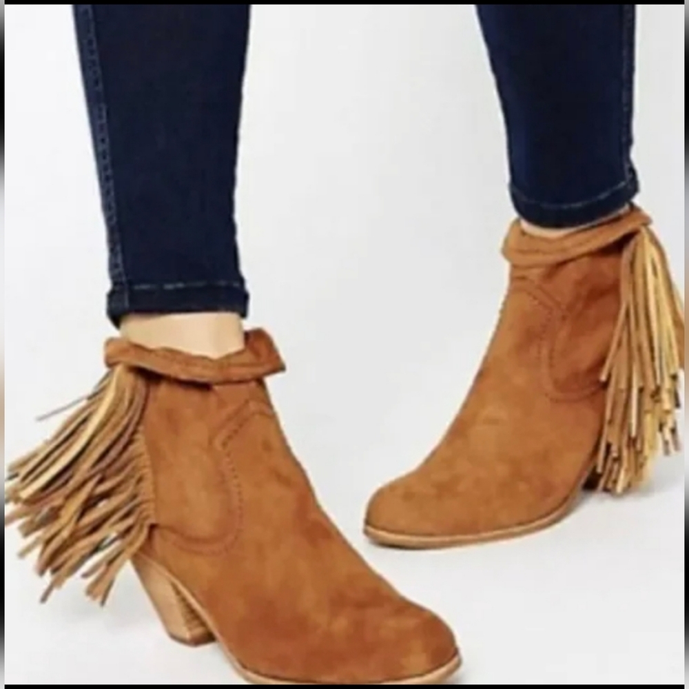 Sam Edelman Sz 10M Louie Cognac Suede Leather Fringe Bootie Brown Cowboy Heel - Picture 2 of 14